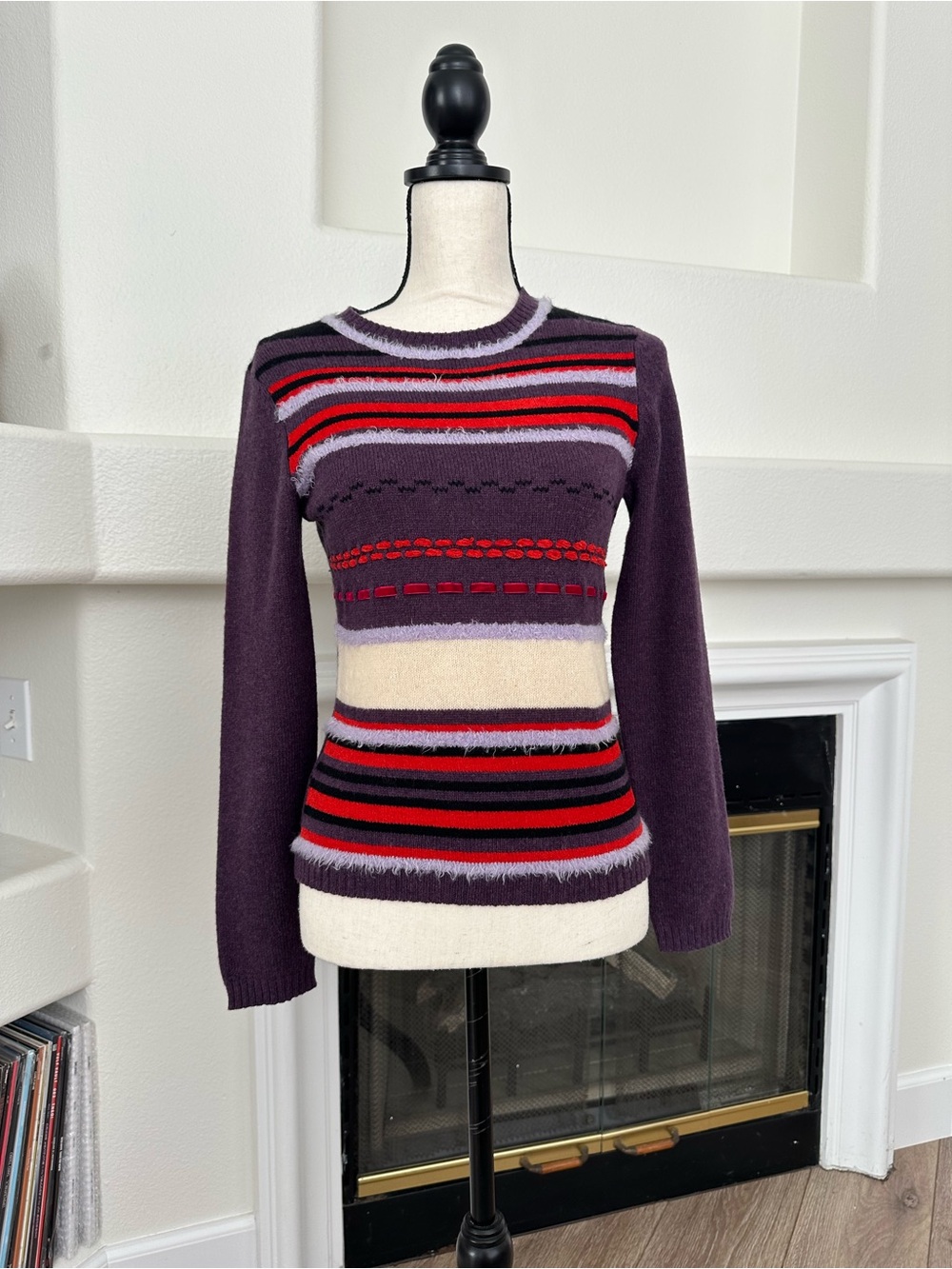 Cozzi 100% Lambwool Striped Crewneck Sweater in Plum w/ Red and Cream Size M